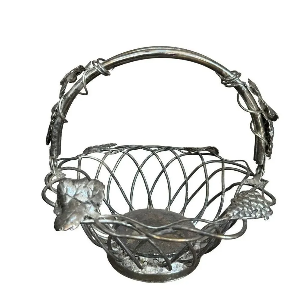 Godinger Silver Plate Open Weave Fruit Bread Bowl Movable Handle Vintage Grapes