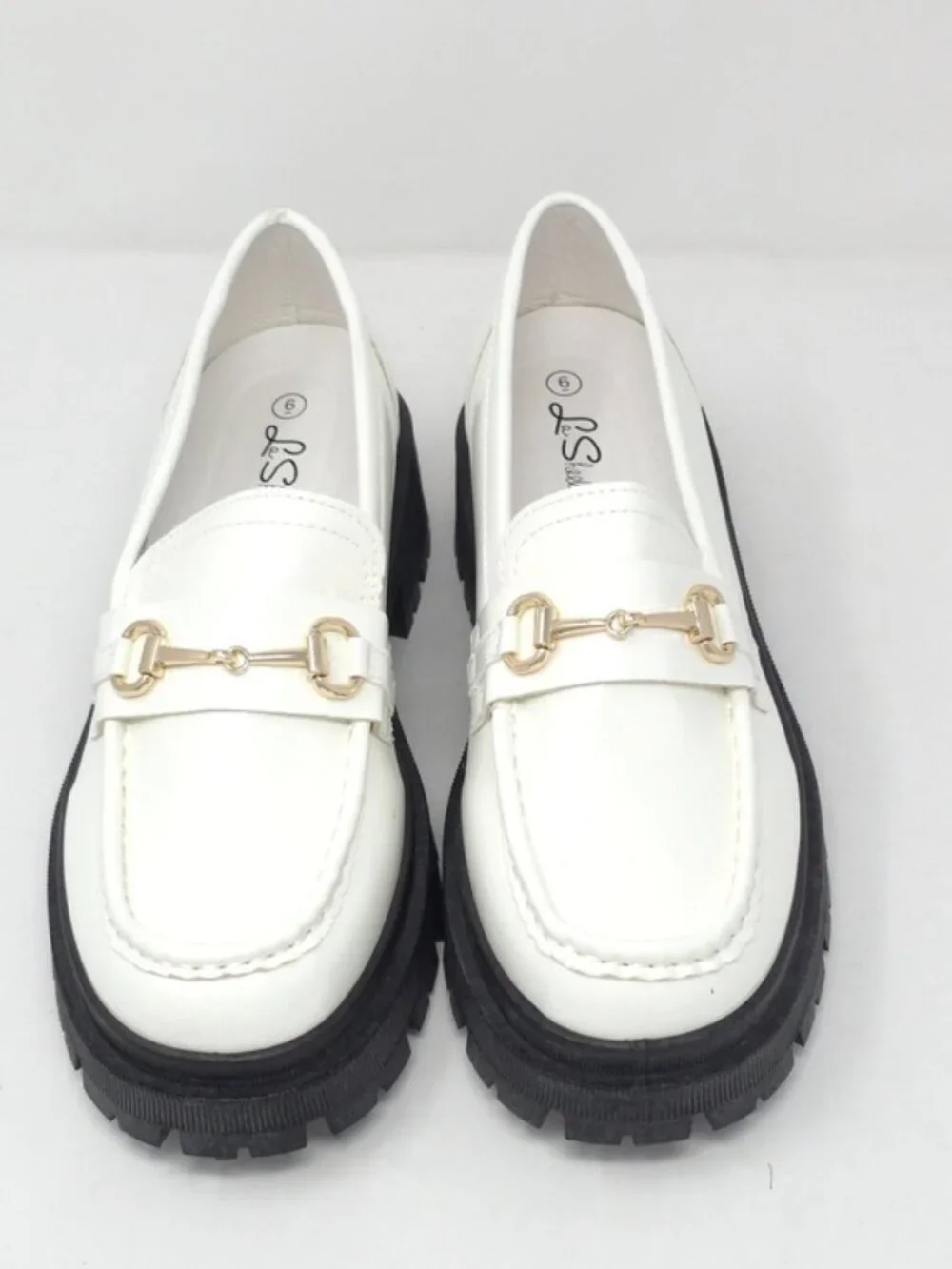 White Chunky Platform Loafers Gold Chain Lug Sole Slip On Trendy