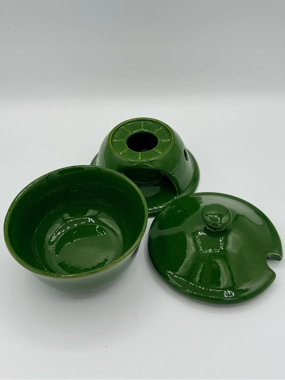 Vintage Pottery Barn Sausalito Green Stoneware Butter Warmer Set Portugal