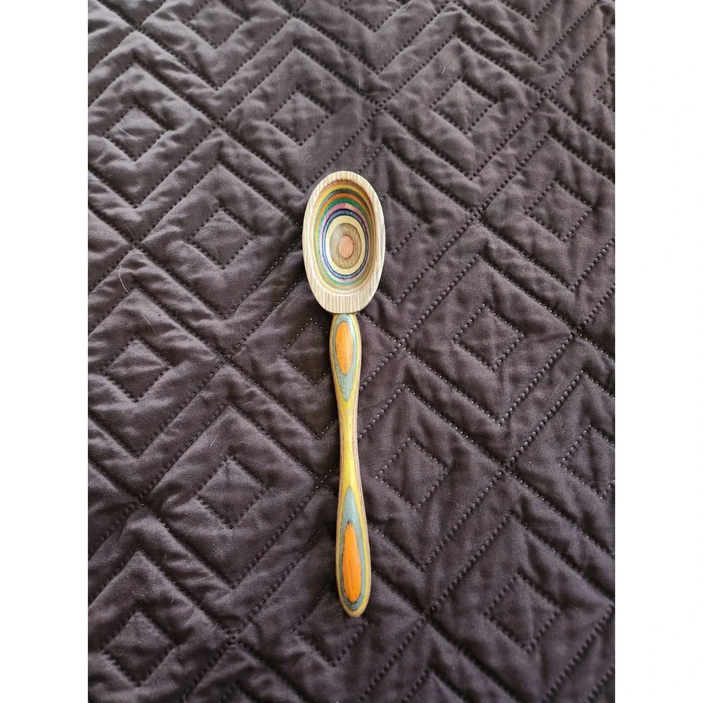 Vintage Rainbow coloured Handmade Wooden Spoon | Wood Intarsia and layered color