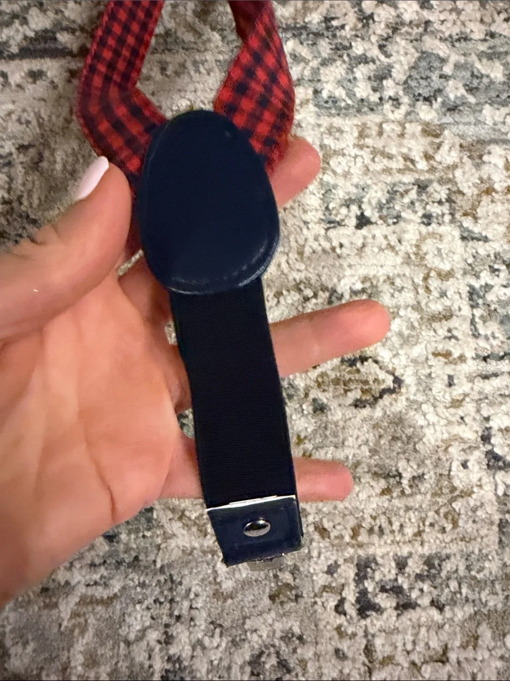 Red and Black Plaid Suspenders with Navy Leather Trim