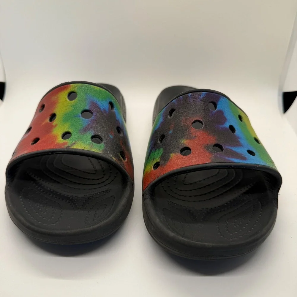 Crocs‎ Classic Slide Tie Dye Black Multi Color Sandals Mens 7 Womens 9 206121