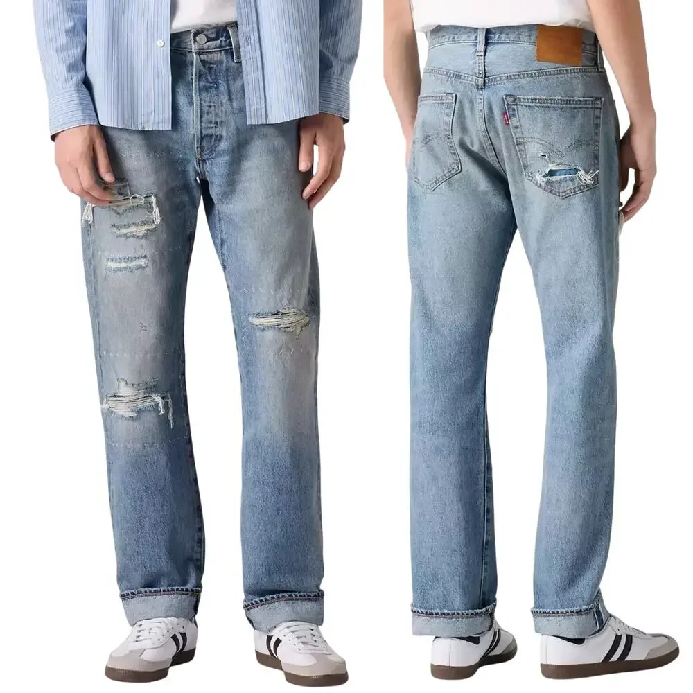 Levi's Selvedge 501 Blue Jean Turquoise Rivet Distressed Mens 40 x 32 Straight