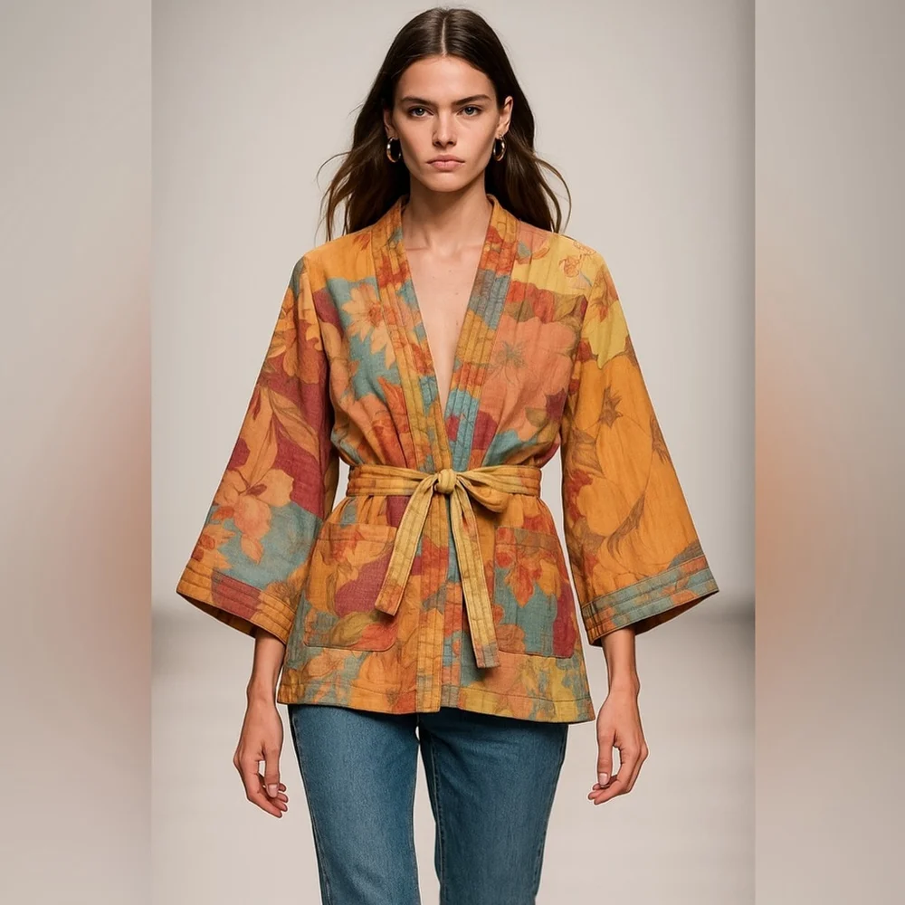 ZARA Patchwork Kimono Jacket Belted SashBoho Artisan Floral Print m /L