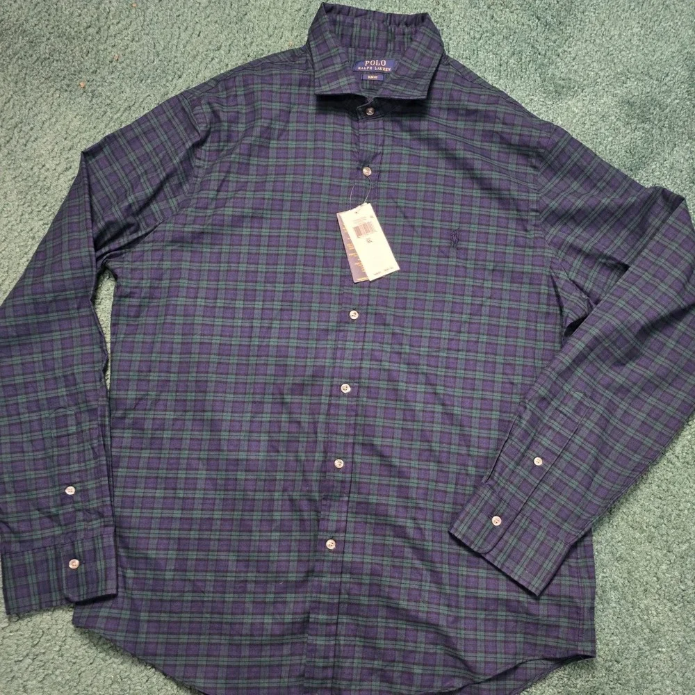 Polo Ralph Lauren Mens XL Slim Fit Black Watch Plaid Navy Blue‎ Green Shirt NWT