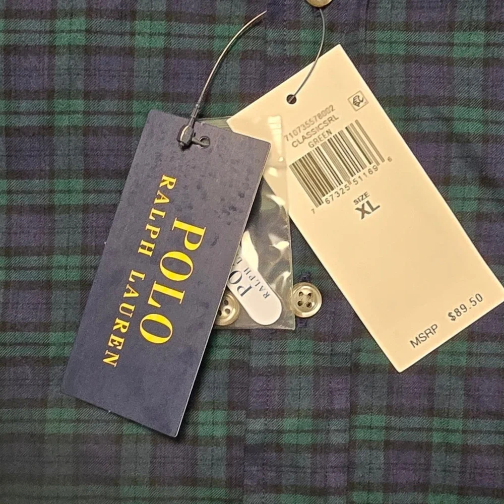 Polo Ralph Lauren Mens XL Slim Fit Black Watch Plaid Navy Blue‎ Green Shirt NWT