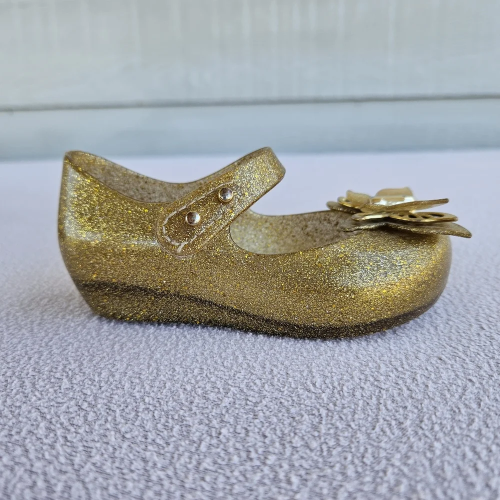 Mini Melissa Ultragirl Butterfly Gold Mary Jane Jelly Flats SZ 6 Hook & Loop