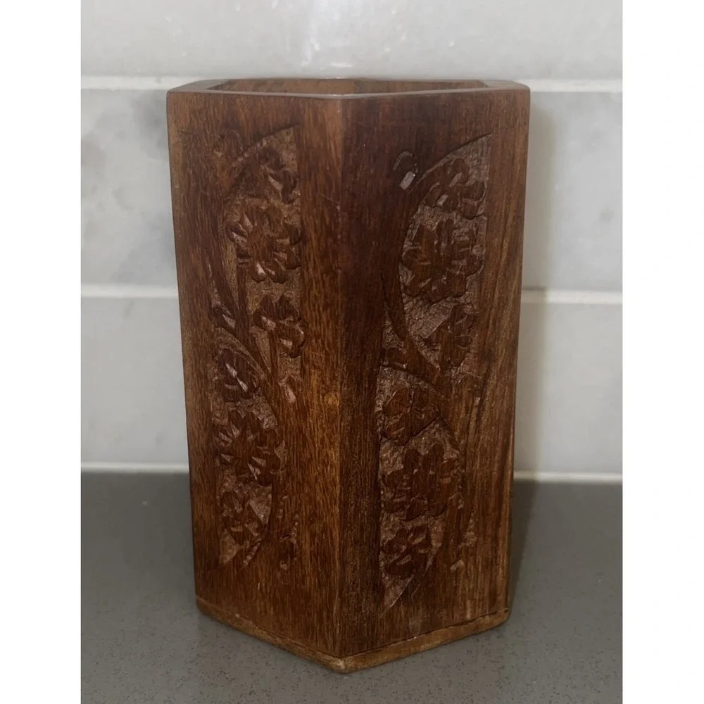 Vintage Wooden Hexagon Hand Carved Pencil Holder Decorative Collectible 4