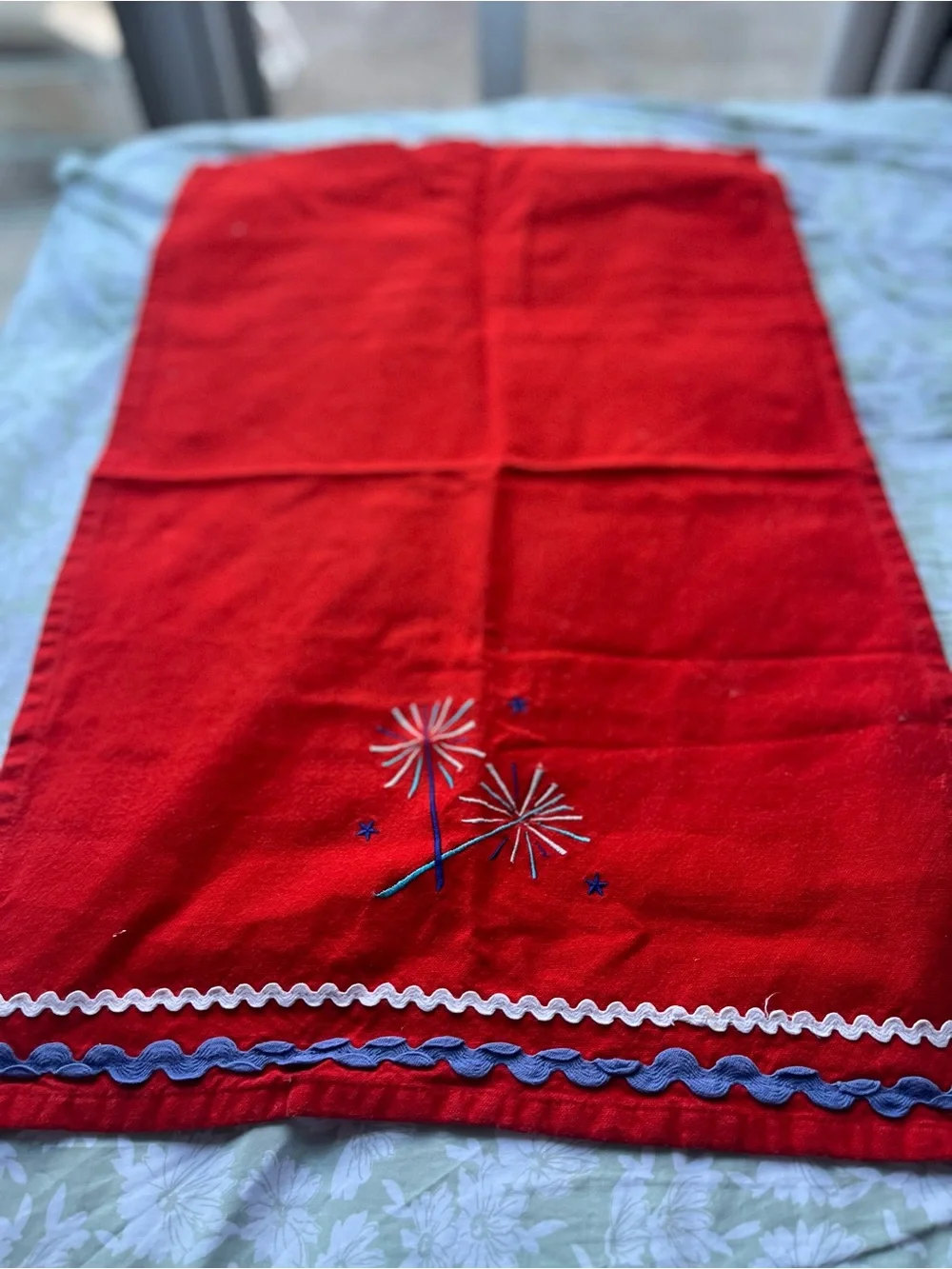 Vintage Red Embroidered Kitchen Towel with Ruffle Trim