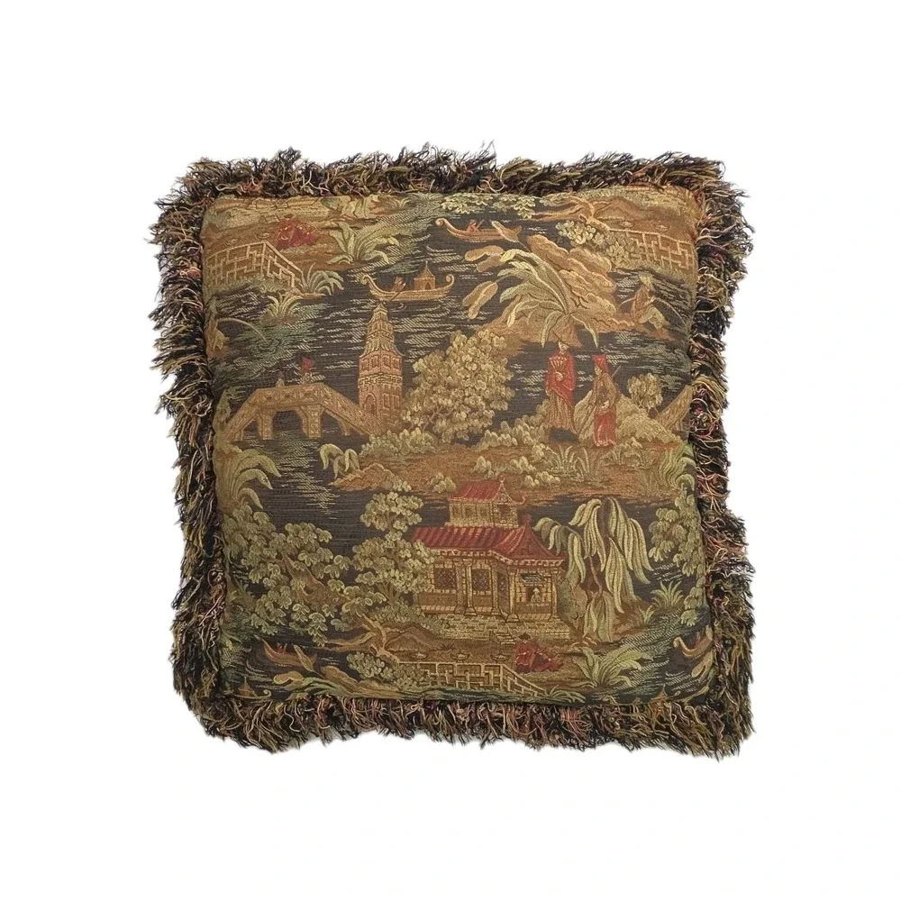 Tapestry Pillow‎ Kyoto Black Fringe Chinoiserie 20
