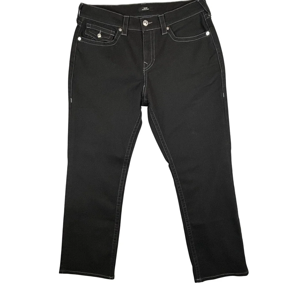 True Religion Ricky Relaxed Straight Black Contrast‎ Stitch Jeans Mens 36x29