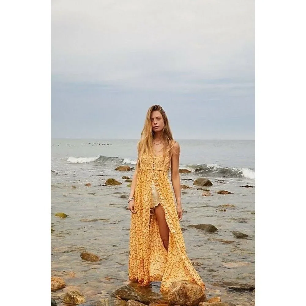 NEW FREE PEOPLE Sz L MOLLY JO FLORAL PRINTED MIDI DRESS MAXI TOP GOLDEN COMBO