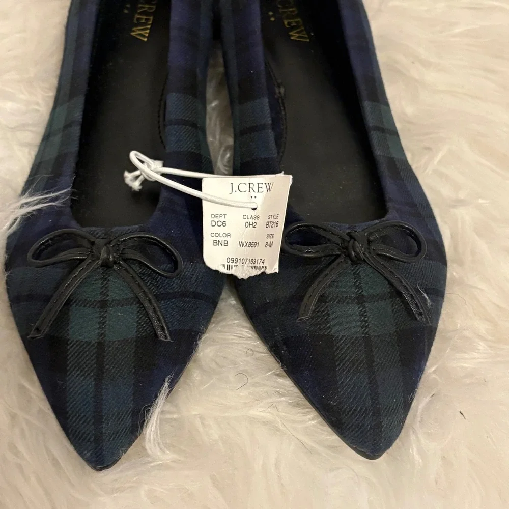 J.Crew Womens Black Watch Plaid Pointed Toe Bow Flats BT216 Size 8