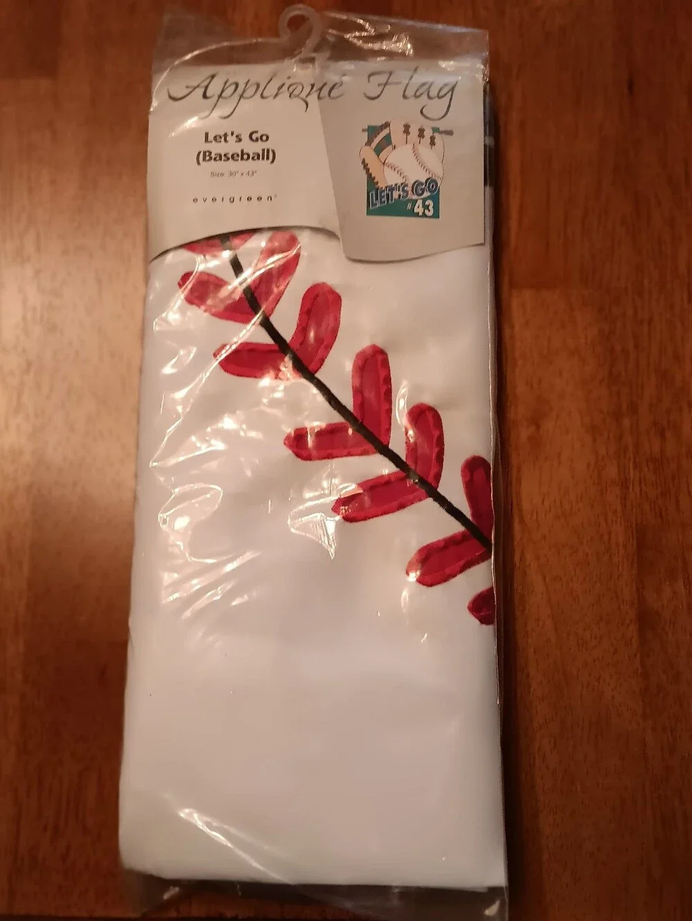 Evergreen Let's Go (Baseball) White and Red Appliqued Flag 30