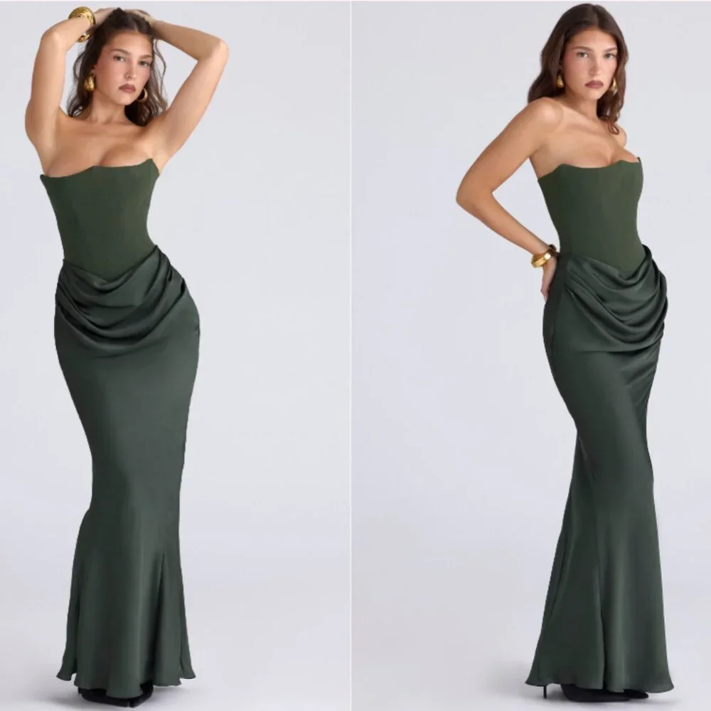 House of CB PERSEPHONE Emerald Green Crepe Strapless Corset Maxi Dress NWOT