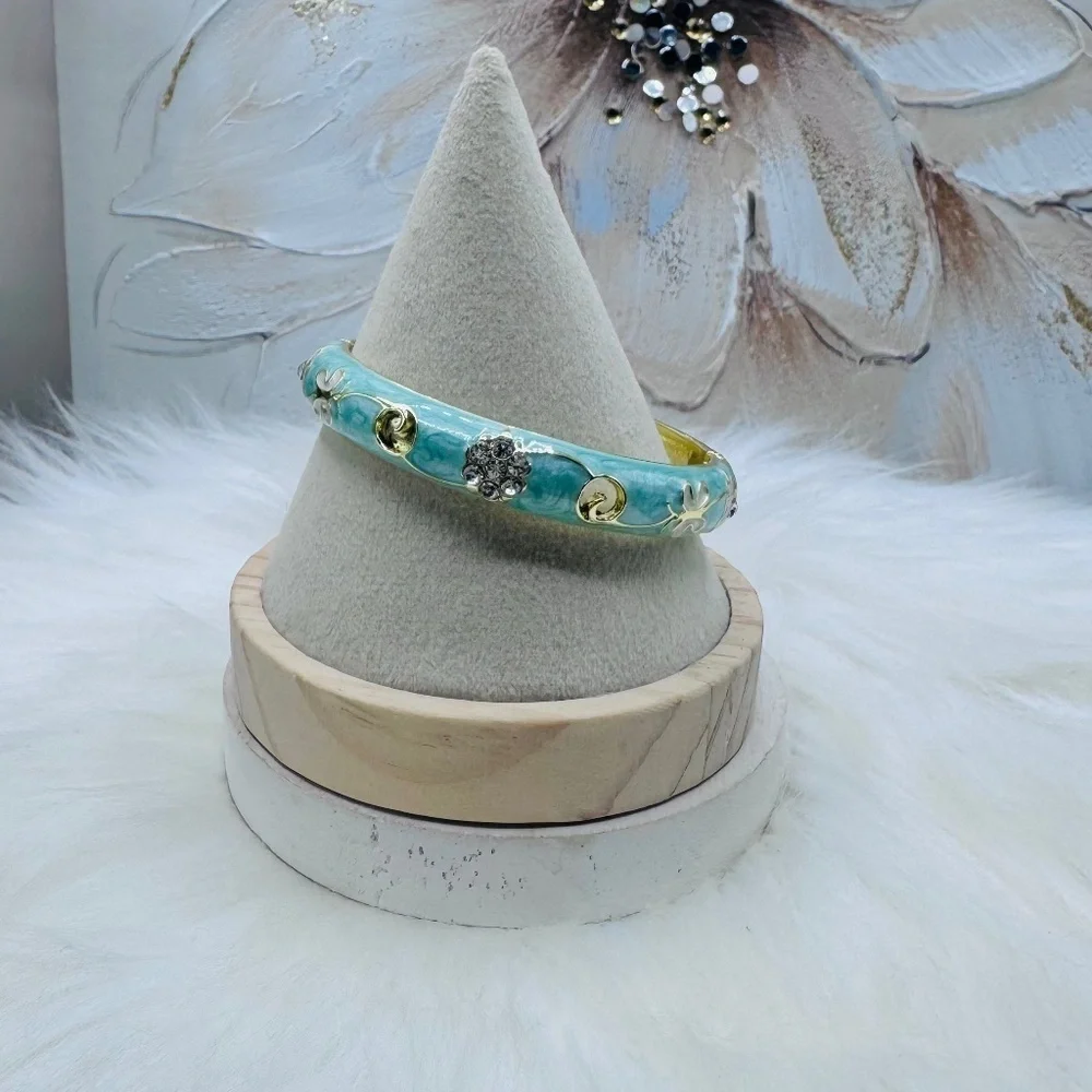 Green Flower Enamel Cloisonne Bracelet Bangle Thick Style