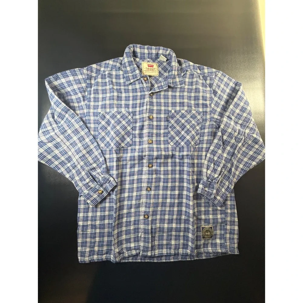 Levis Mens XL Blue White Plaid Flannel Button Down Shirt Cotton Long Sleeve K4