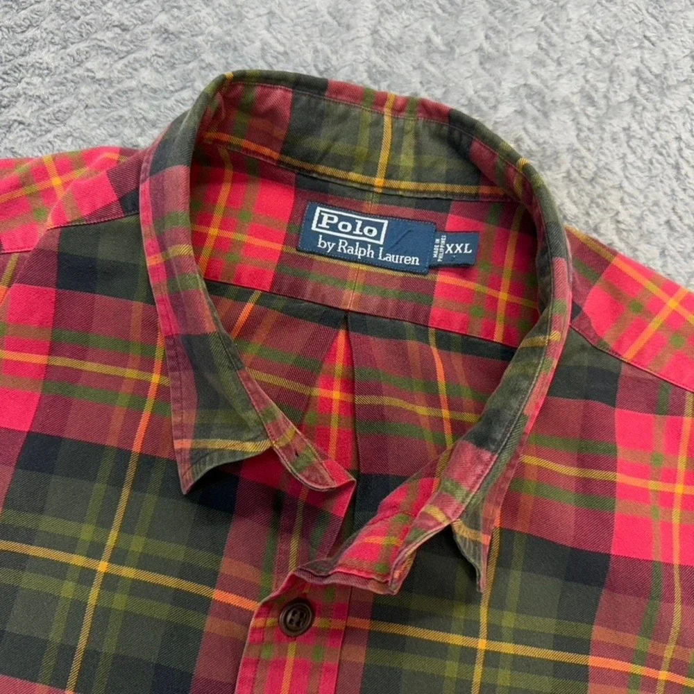 Vintage Polo Ralph Lauren Shirt Men XXL Red Green Plaid Elbow Patch Button Up 90