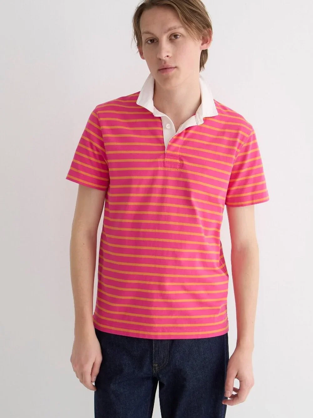 NWT J. Crew Mens Size Large Pink Gold Short Sleeve Rugby Shirt in Stripe NEW