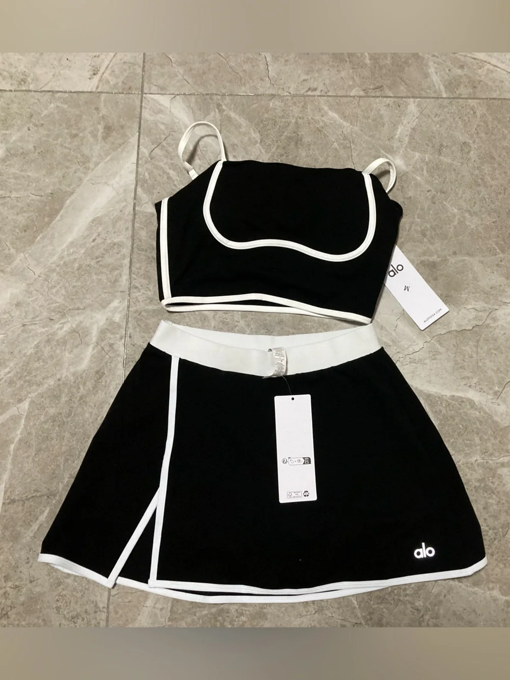 ALO Yoga Black Crop Top and Skirt Set with White Trim