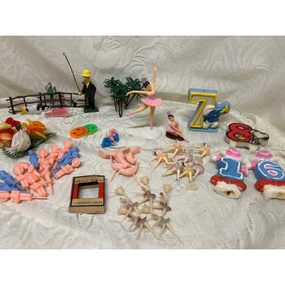 Vintage Cake Toppers and Candles Lot‎ 40+ Ballerina Fishing Birthday Party Decor