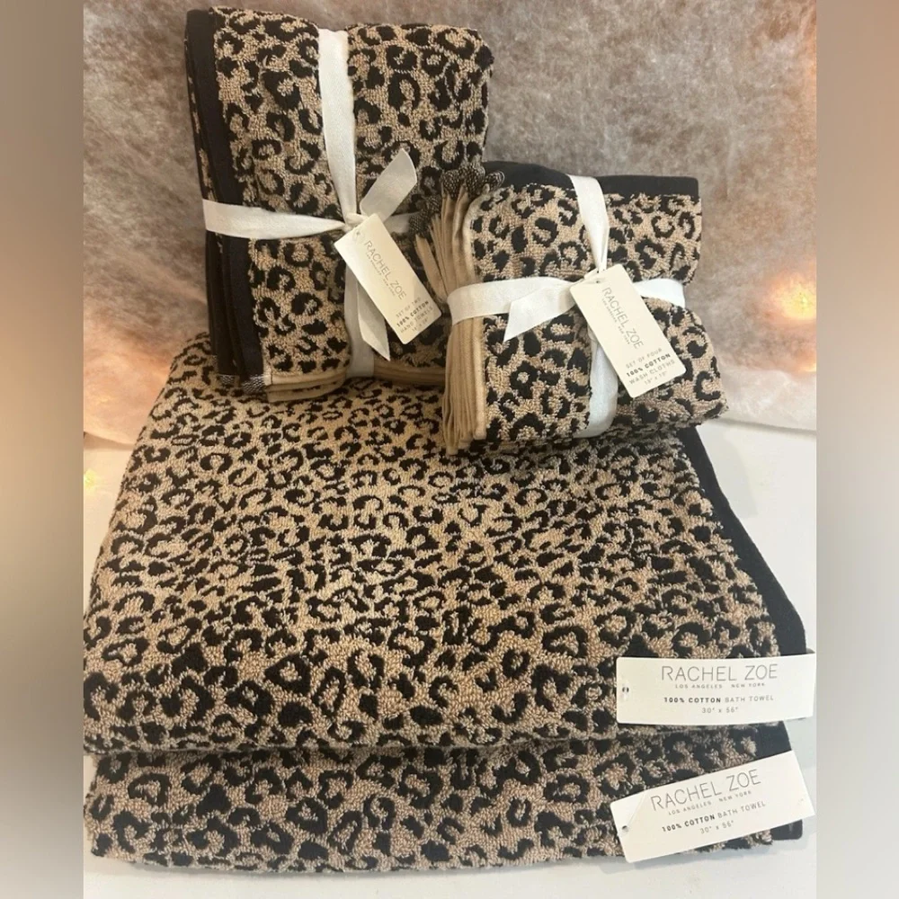 Rachel Zoe 8/Set Leopard Cheetah Animal Print Bath Hand Wash Towel Brown Black