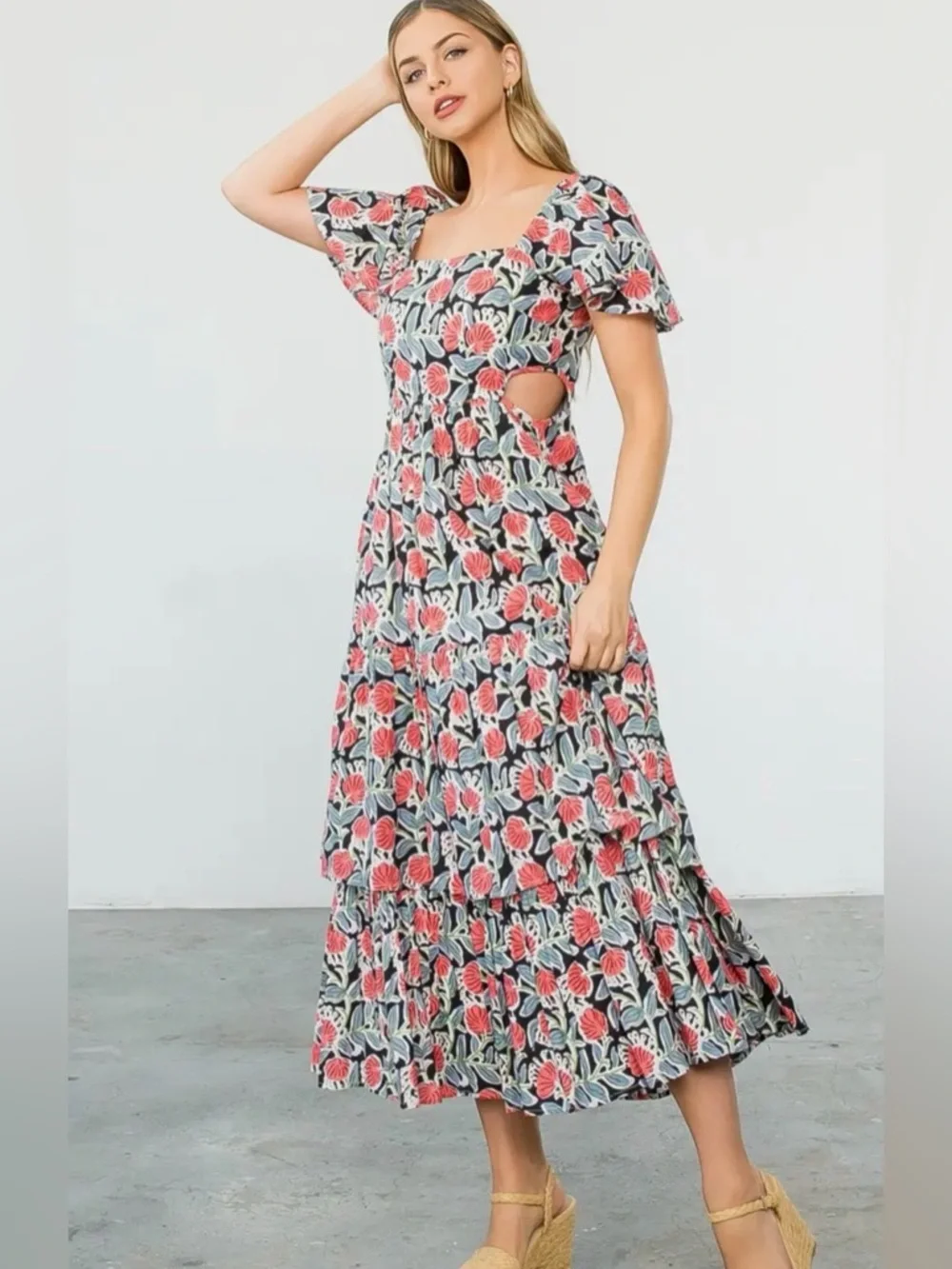 THML Ivory Floral Tiered Maxi Dress with Multicolor Blooms