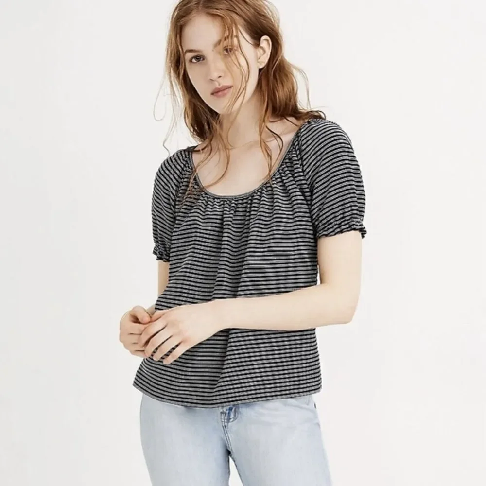 Madewell Texture & Thread Peasant Stripe Top black, scoopneck puff sleeve XS