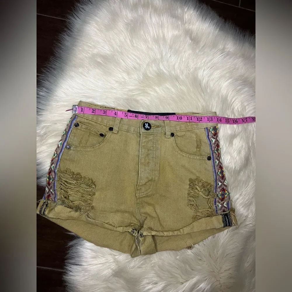 One Teaspoon olive green distressed Aztec striped side denim shorts sz 8/26