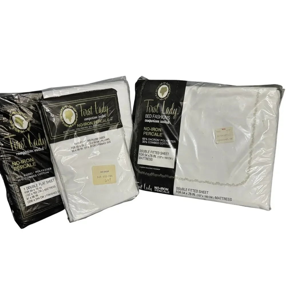 VTG First Lady No Iron Percale Double Bed Sheet‎ Set Fitted Flat Pillowcases NEW