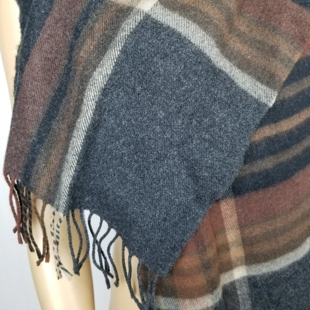 Wool Blend Plaid Fringe Scarf Black Gray Brown Unisex Neutral Vintage