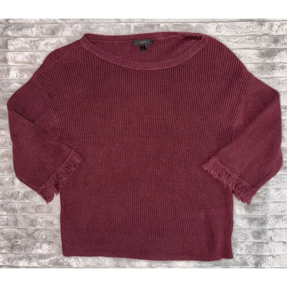 J. Crew Burgundy Round Neck Frayed Cuff Knit Sweater Women's Size S Baggy Grunge