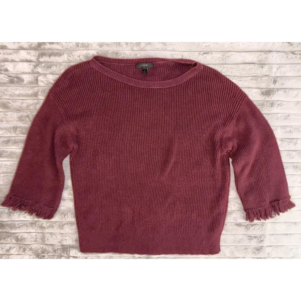 J. Crew Burgundy Round Neck Frayed Cuff Knit Sweater Women's Size S Baggy Grunge