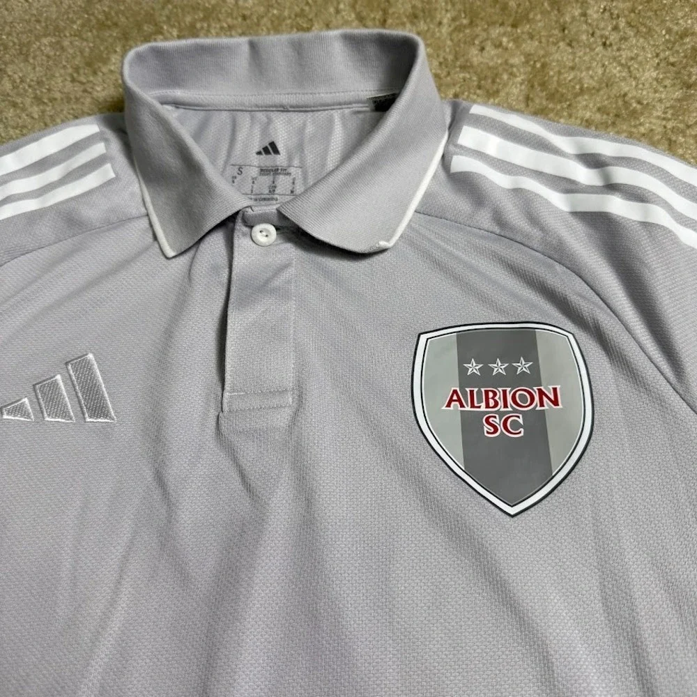 Adidas Albion SC Mens Polo Small Gray Soccer Jersey 3 Stripe