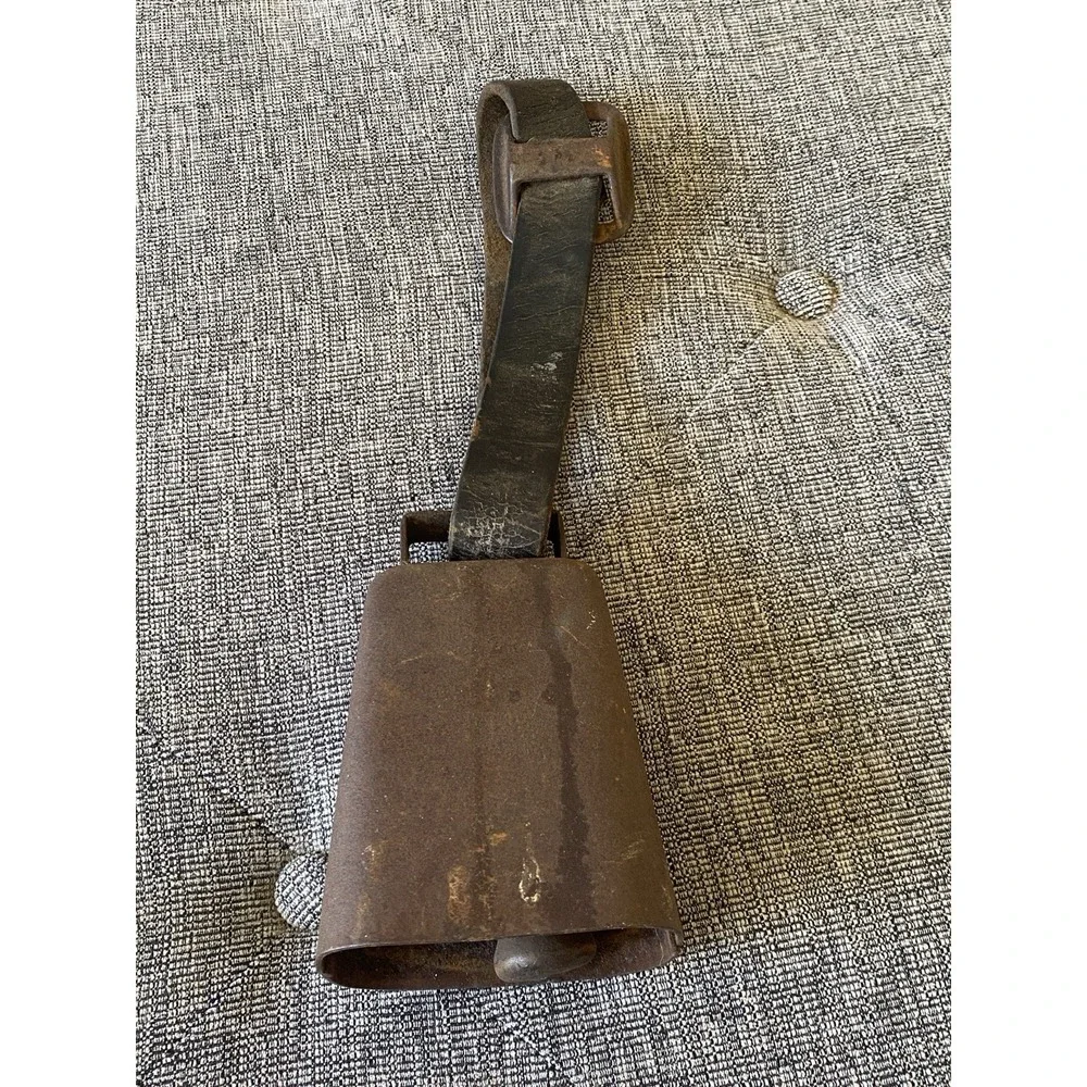 VTG Antique Rustic Metal Cowbell with Heavy Leather Strap & Iron Buckle Country