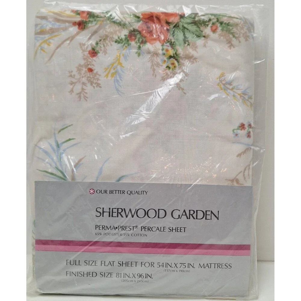 NOS Sears Full Size Flat Fitted Sheets Sherwood Garden Percale Perma Prest 1970s