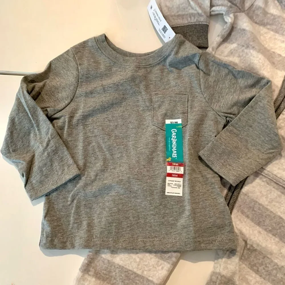 NWT New CARTERS GARANIMALS Set Fleece Gray White Stripe Coverall & Tee Shirt 18m