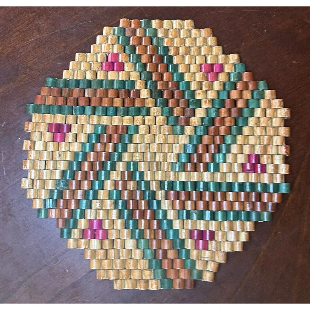 Vintage Folk Art Wood Retro Hot Pad TRIVET Wooden BEADED‎ Beads