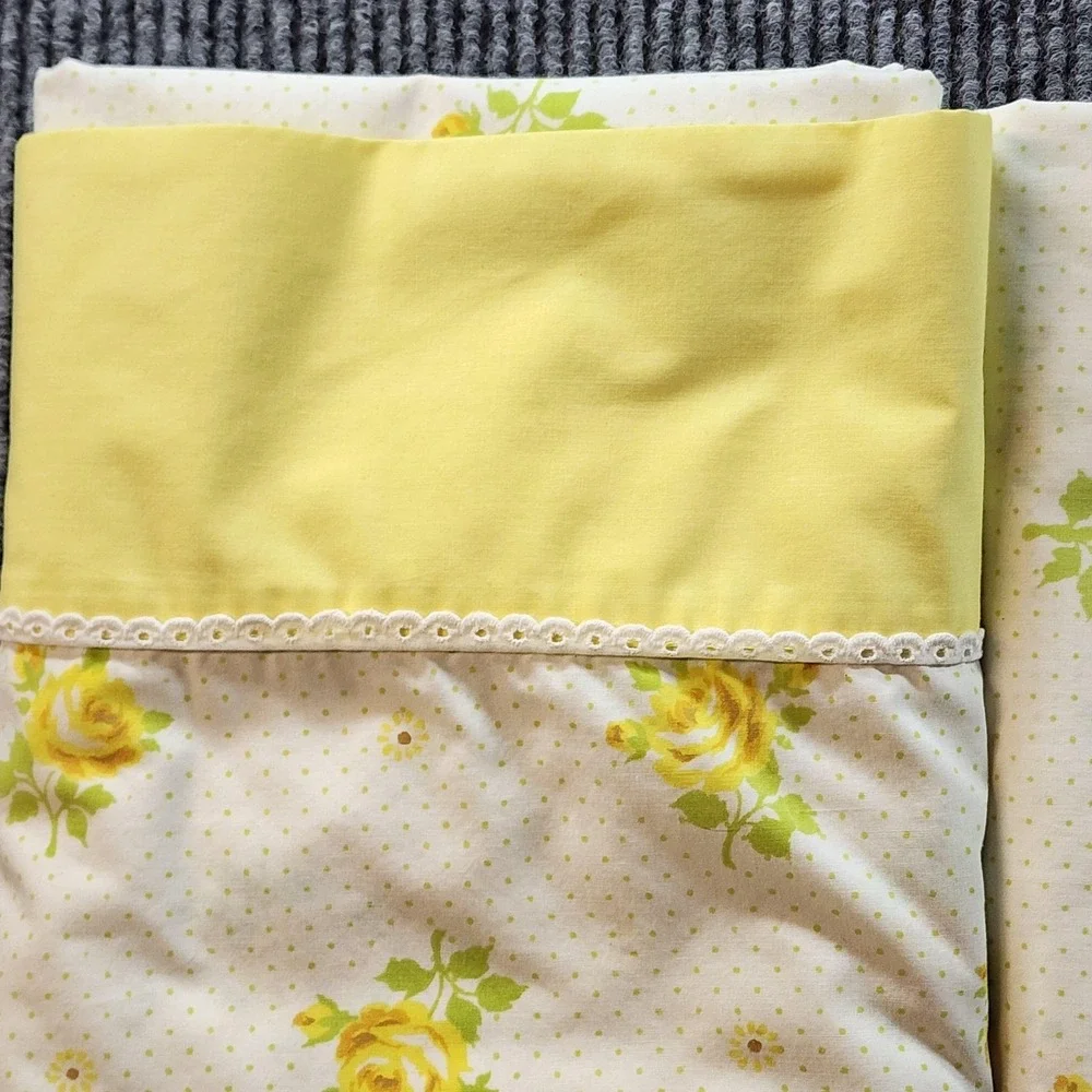 Vintage Wamsutta Yellow Rose Floral Sheet Set Double Flat Fitted Ultra Percale