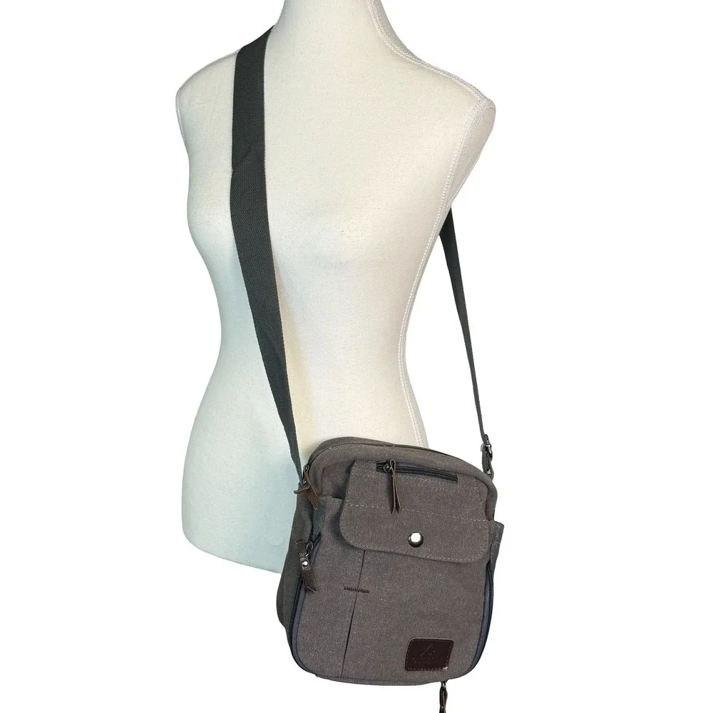 Lo Oulilai Unisex Crossbody Bag Canvas Brown‎ Multiple Pockets Travel Messenger