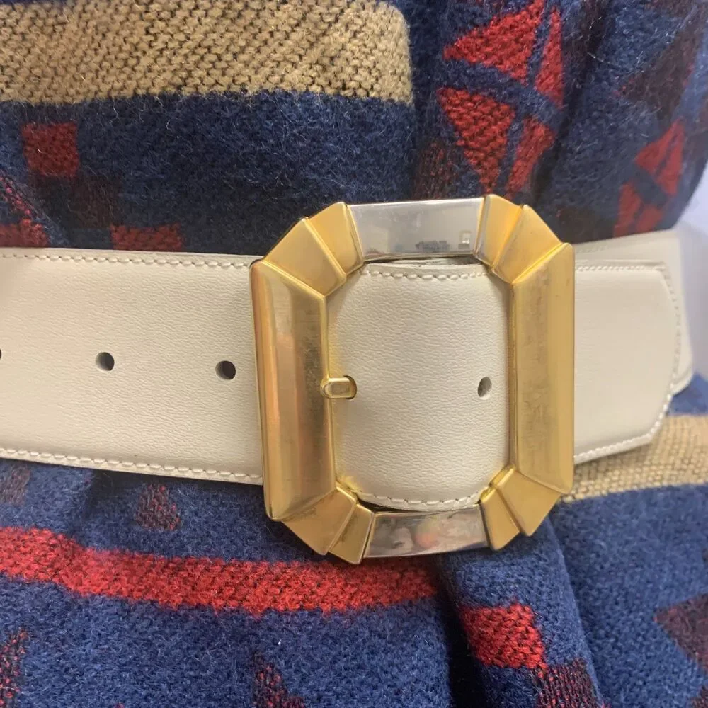 Vintage Retro Cream Leather Art Deco‎ Belt Gold Silver Buckle Art to Wear Medium