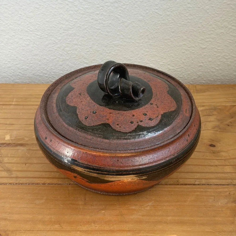 Studio‎ Pottery Lidded Bowl, Hand Thrown Rust Copper Black Glaze, Ceramic Vessel