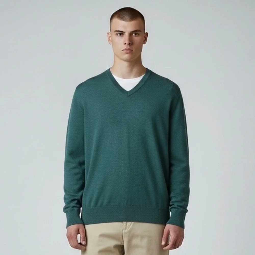 Brooks Brothers Sweater Mens Small Green Extra‎ Fine Merino Wool V-Neck Pullover