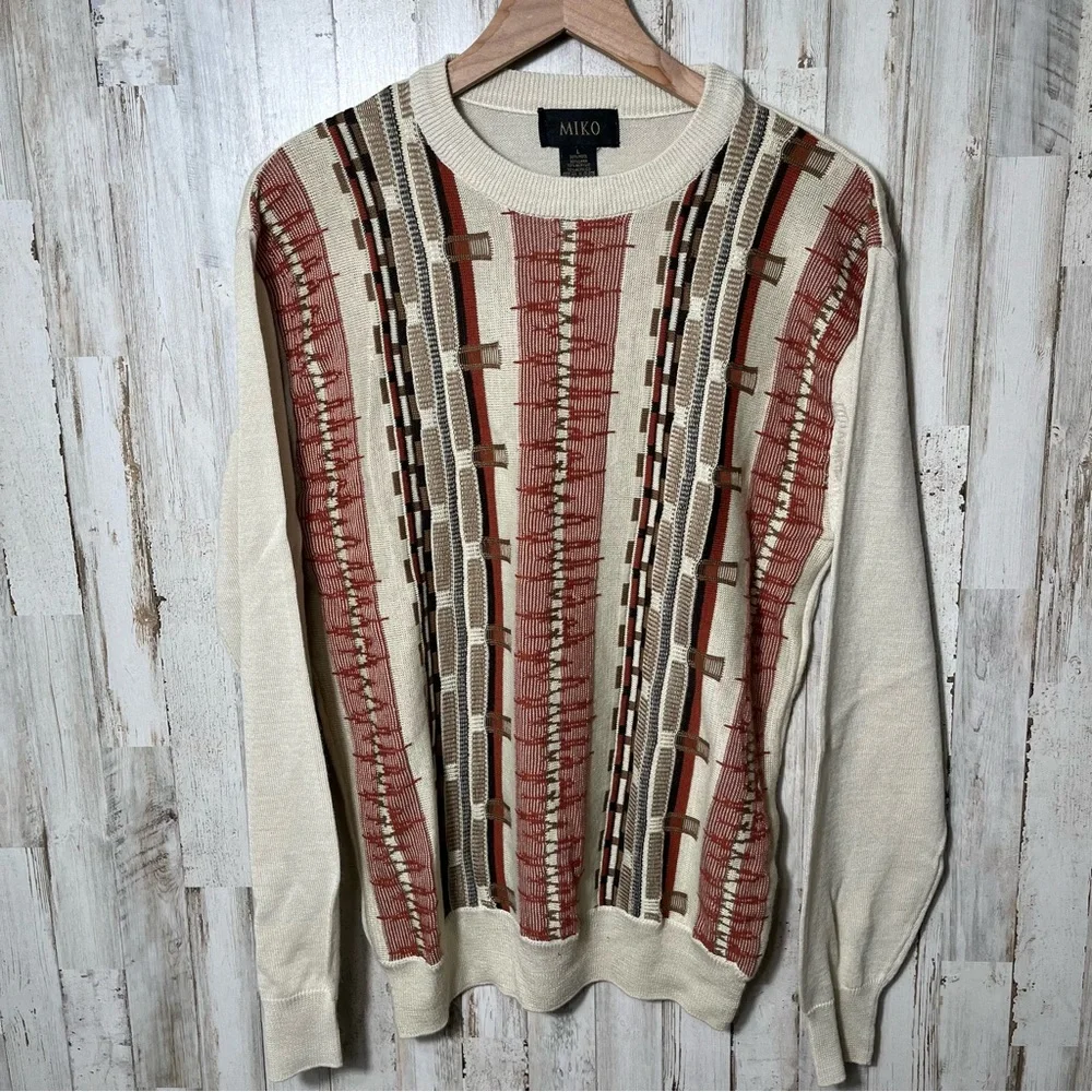 Vintage 90s Coogie Like Earth Tone Grandpa 3D Knit Wool Blend Sweater Mens Large