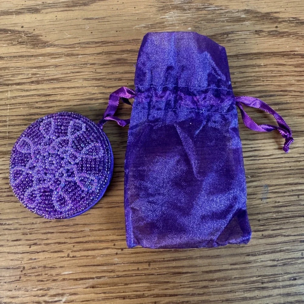 Mark by Avon Karmala Beaded Mirror Purple Seed Bead Compact Mandala Vintage 2005