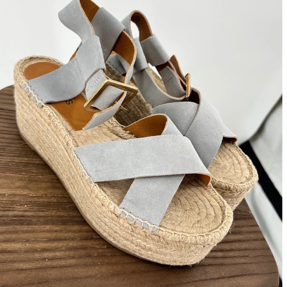 Alohas Kailua Stone Grey Suede Espadrille Platform Wedge Sandals Size 10 NWT