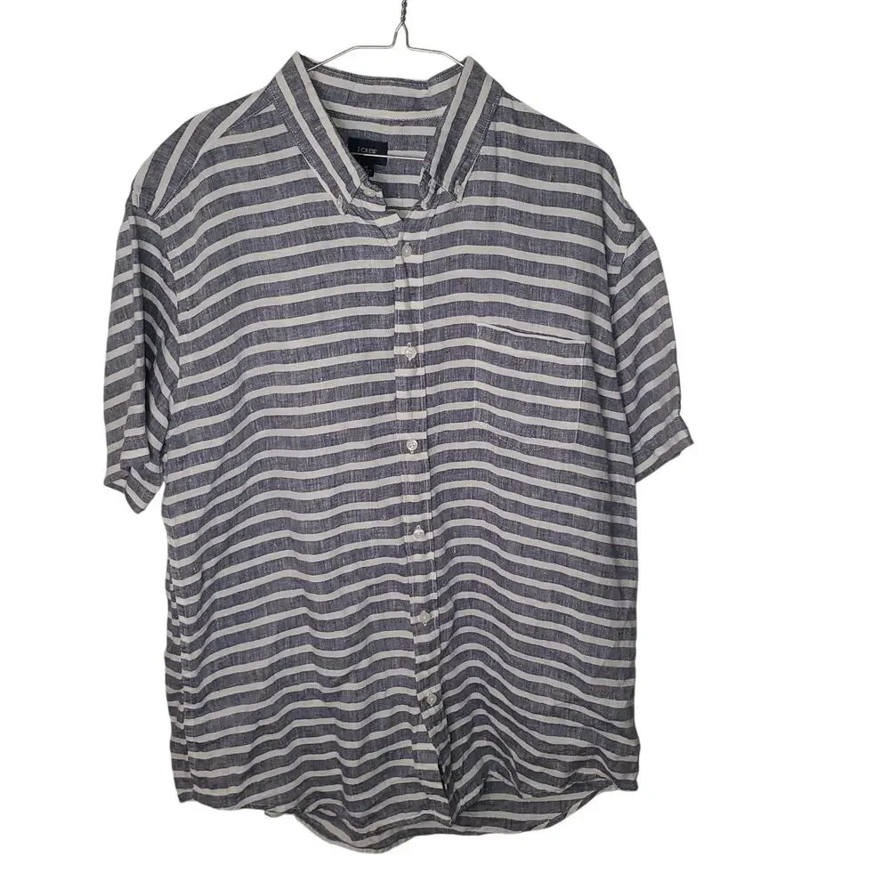 J.Crew Factory Men's 100% Linen Blue Gray & Cream Striped Button Front Shirt XL