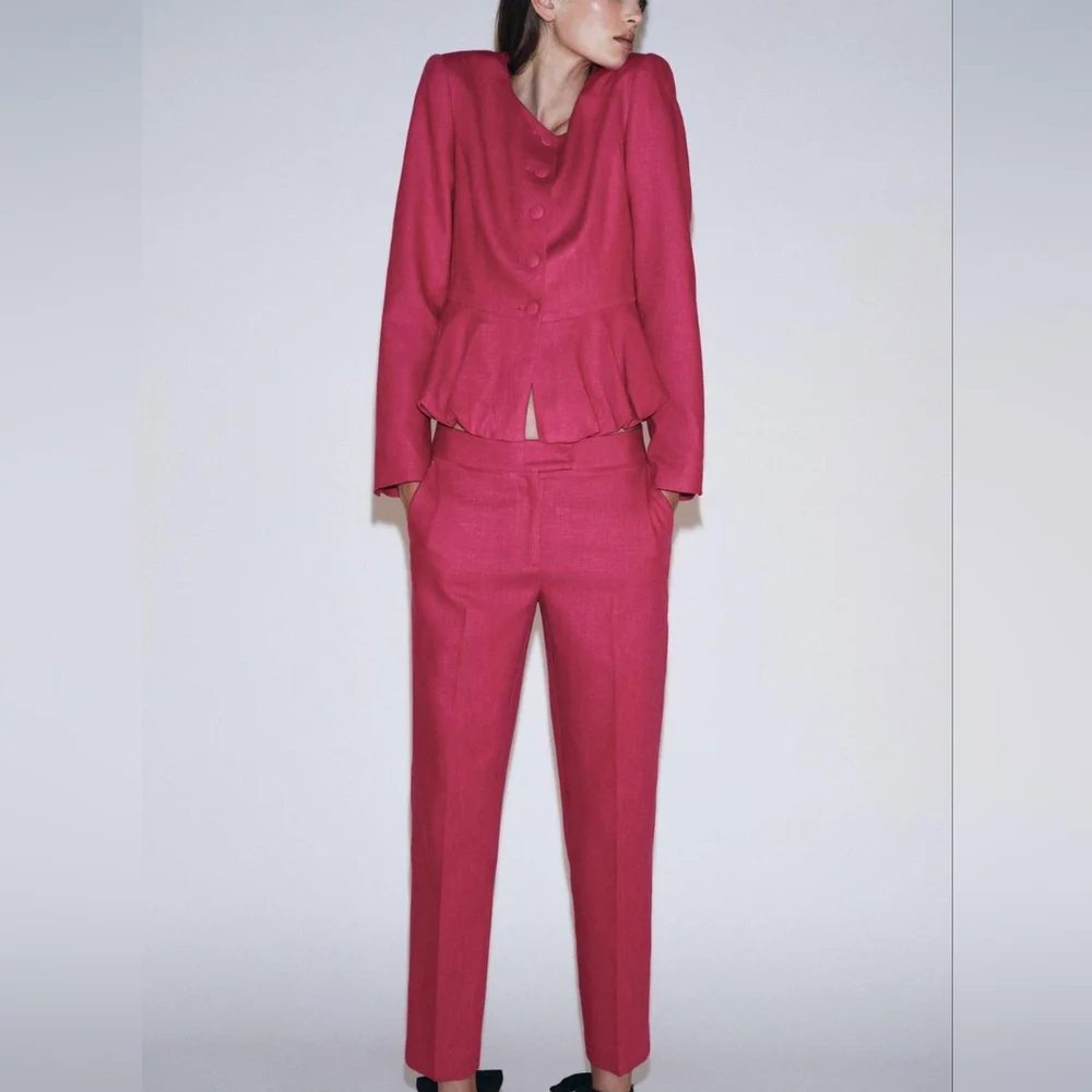 Zara High-waisted Slim Linen Pants Fuschia ZW COllection Bnwt