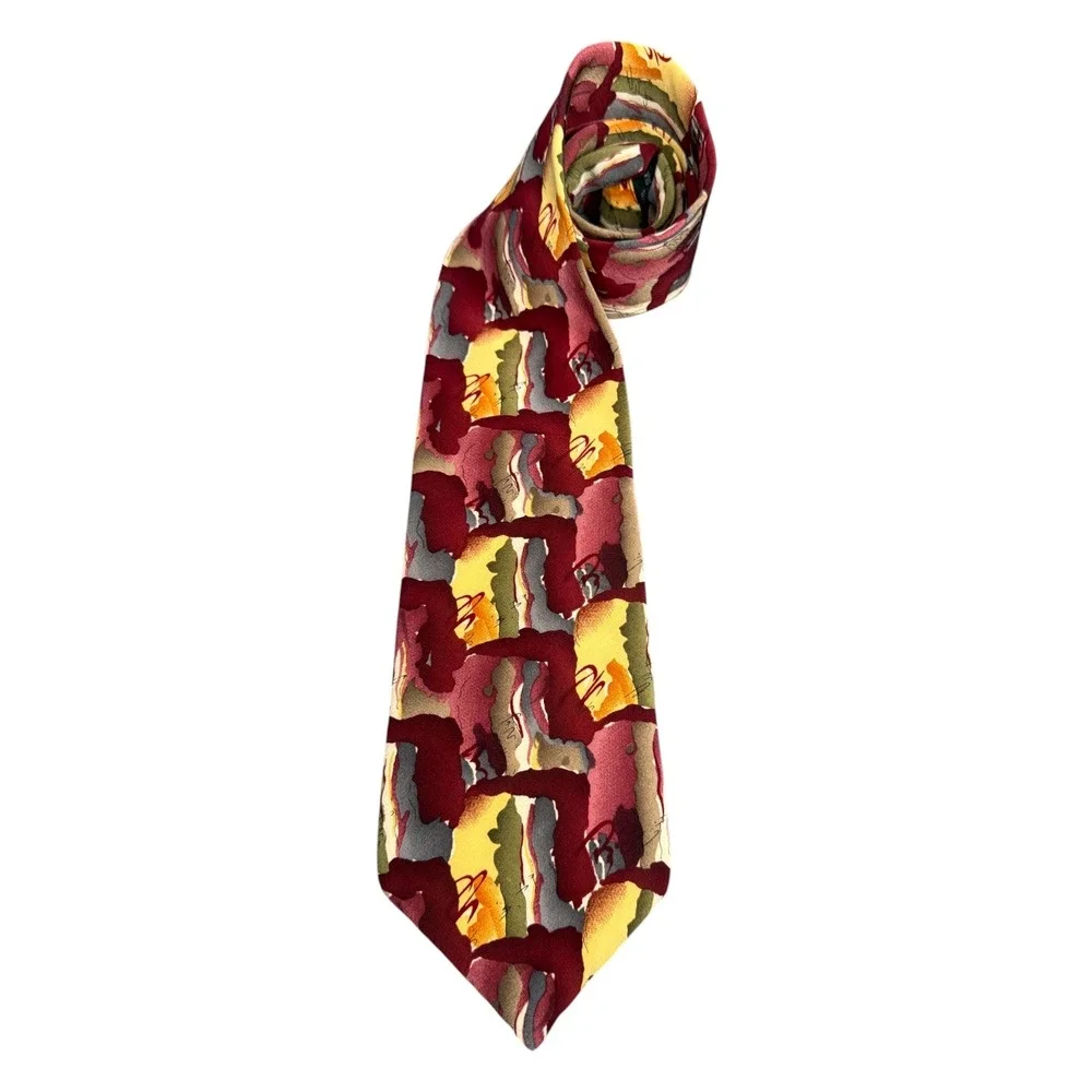 J. Garcia Mens Silk Necktie Abstract Watercolor Burgundy Gold Green Art Tie