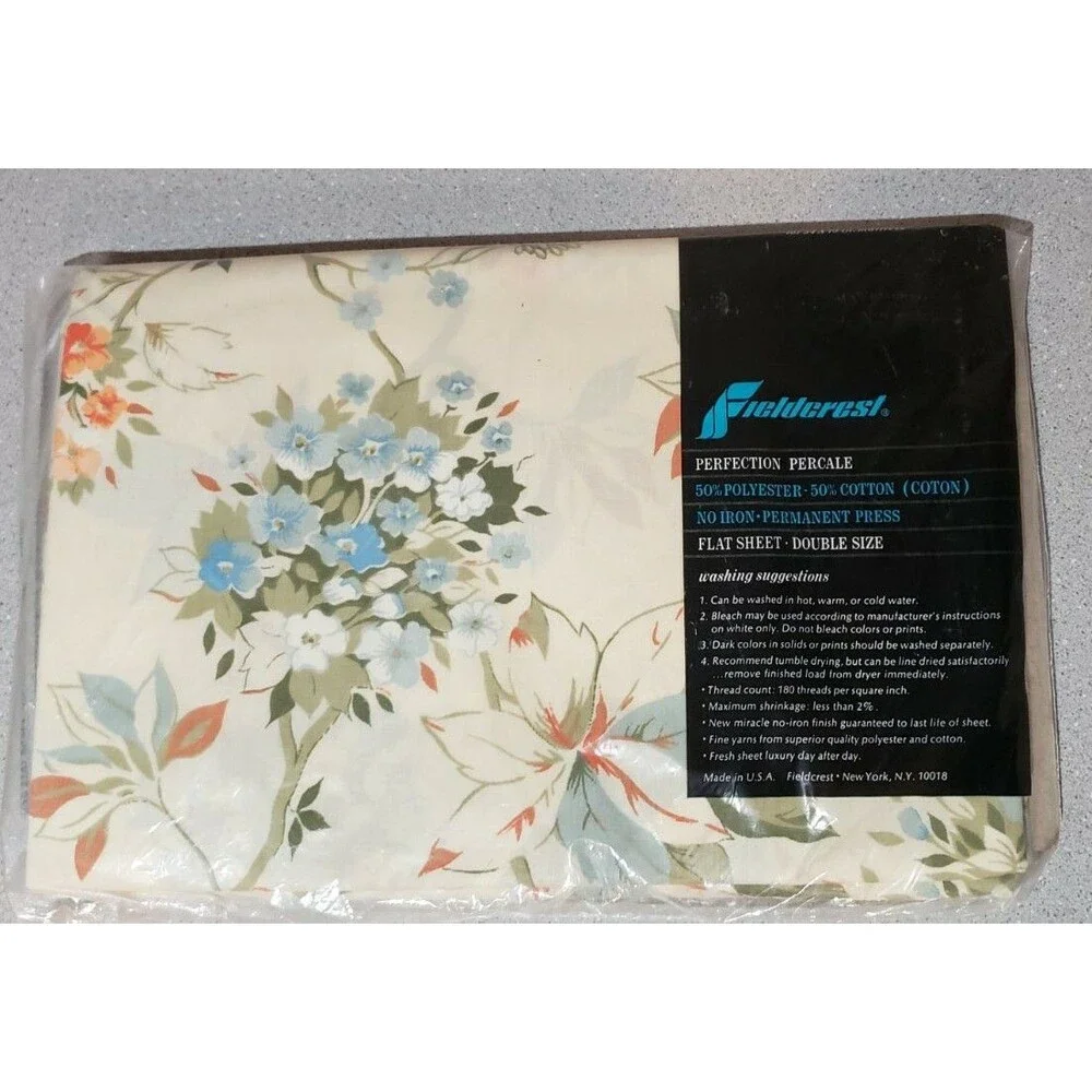 Vintage Fieldcrest Perfection Perm Press 50/50 Floral Double Flat Sheet 81x104